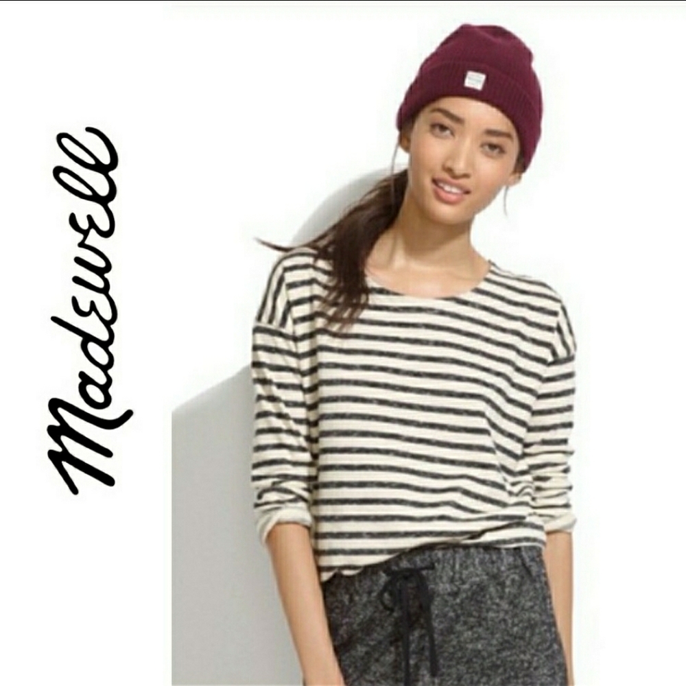 Madewell Cozy Slub Knit Stripe Top Blue 3/4 Sleeve